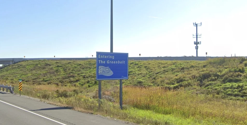 An “Entering the Greenbelt” sign by Whitby, Ontario (Google Maps).