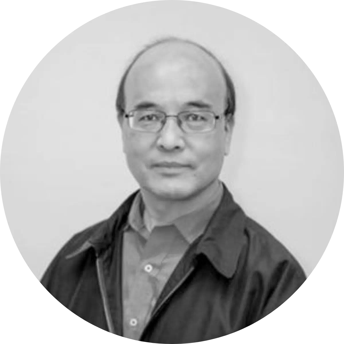Black and white portrait of Dr. Jiujun Cheng wearing glasses, photographed against a neutral background.