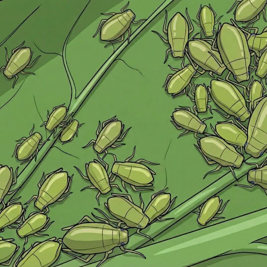 Susceptible aphid population — mostly green, few resistant individuals