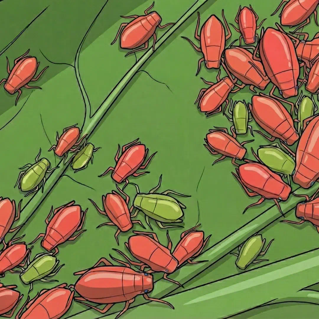 Resistant aphid population — mostly orange-red, few susceptible individuals remaining